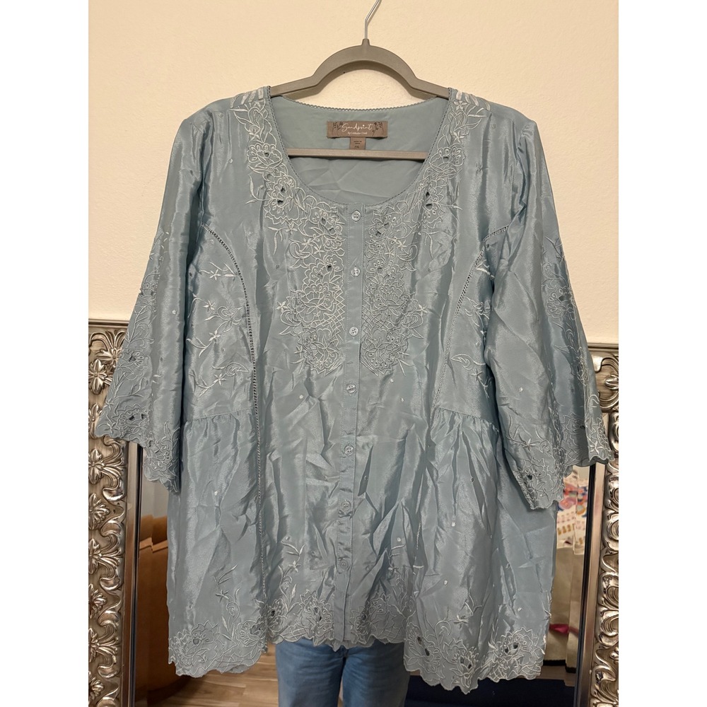 Sandpoint Coldwater Creek Blue Embroidered Eyelet Peplum Blouse Top PXL h5